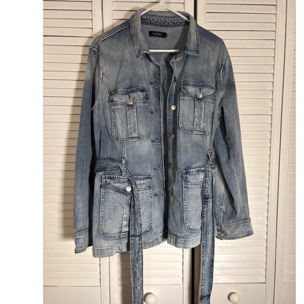 Lauren Ralph Lauren Light Wash Denim Belted Safari Utility Jacket Blue LRL